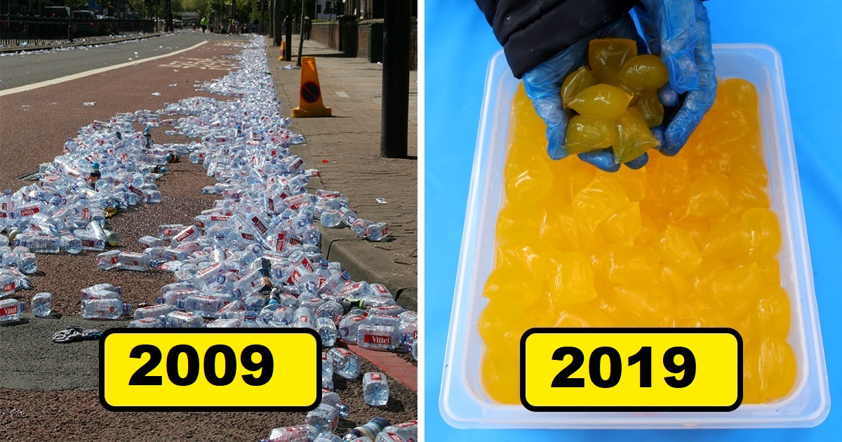 La maratonul din Londra s-au înlocuit sticlele de plastic cu pungi de apă comestibile, sperăm că acest lucru va deveni o tendință